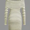 Stripe Print Knit Wrap Off Shoulder Dress>MICAS Fashion