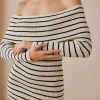 Stripe Print Knit Wrap Off Shoulder Dress>MICAS Fashion