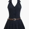 Stripe Print Pleated Belted Mini Dress>MICAS Clearance