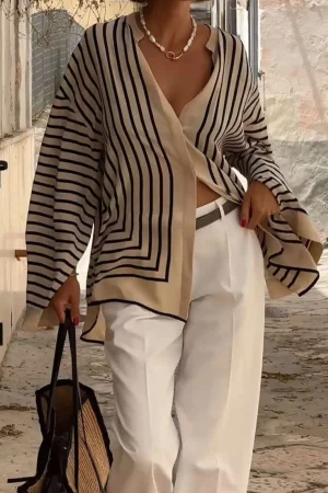 Stripe Print Satin Long-Sleeve Shirt>MICAS Clearance