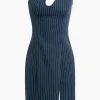 Stripe Print V-Shaped Slit Asymmetrical Strapless Mini Dress>MICAS Hot