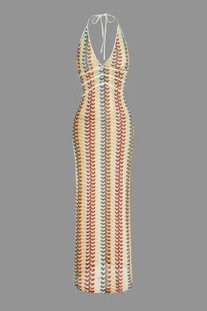 Striped Crochet Halter V-neck Backless Slip Maxi Dress>MICAS Fashion
