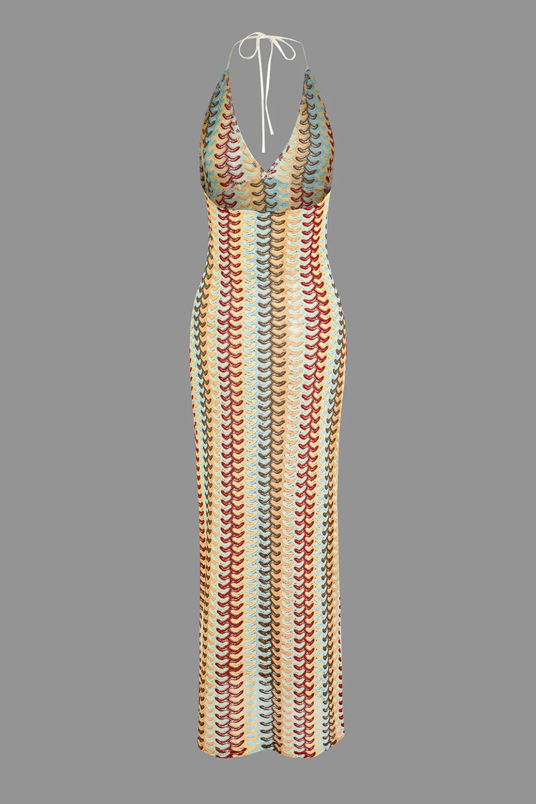 Striped Crochet Halter V-neck Backless Slip Maxi Dress>MICAS Fashion