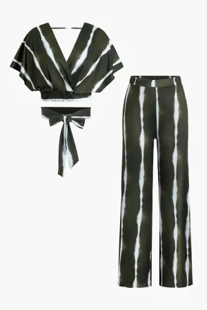 Striped V-neck Crop Top And Wide Leg Pants Set>MICAS Best