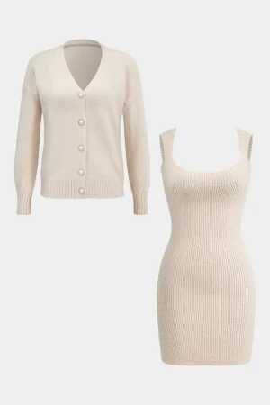 Sweater Button Long-Sleeve Cardigan And Mini Dress Set>MICAS Online
