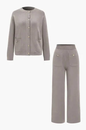 Sweater Button Pocket Round Neck Long-Sleeve Cardigan And Trousers Set>MICAS Sale