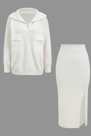 Sweater Pocket Zipper Top And Slit Skirt Set>MICAS Fashion