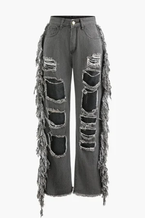 Tassel Ripped Frayed Straight Leg Jeans>MICAS Best