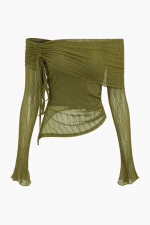 Texture Off Shoulder Asymmetrical Tie Mesh Top>MICAS Best