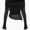 Texture Off Shoulder Asymmetrical Tie Mesh Top>MICAS Best