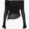 Texture Off Shoulder Asymmetrical Tie Mesh Top>MICAS Best