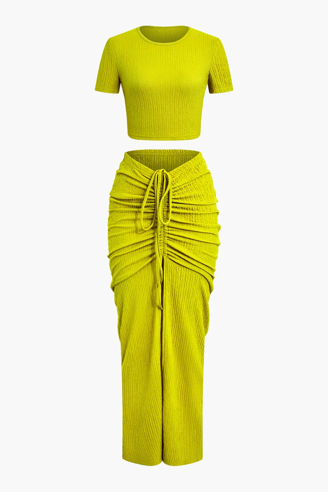 Textured Crop Top And Drawstring Ruched Skirt Set>MICAS Best