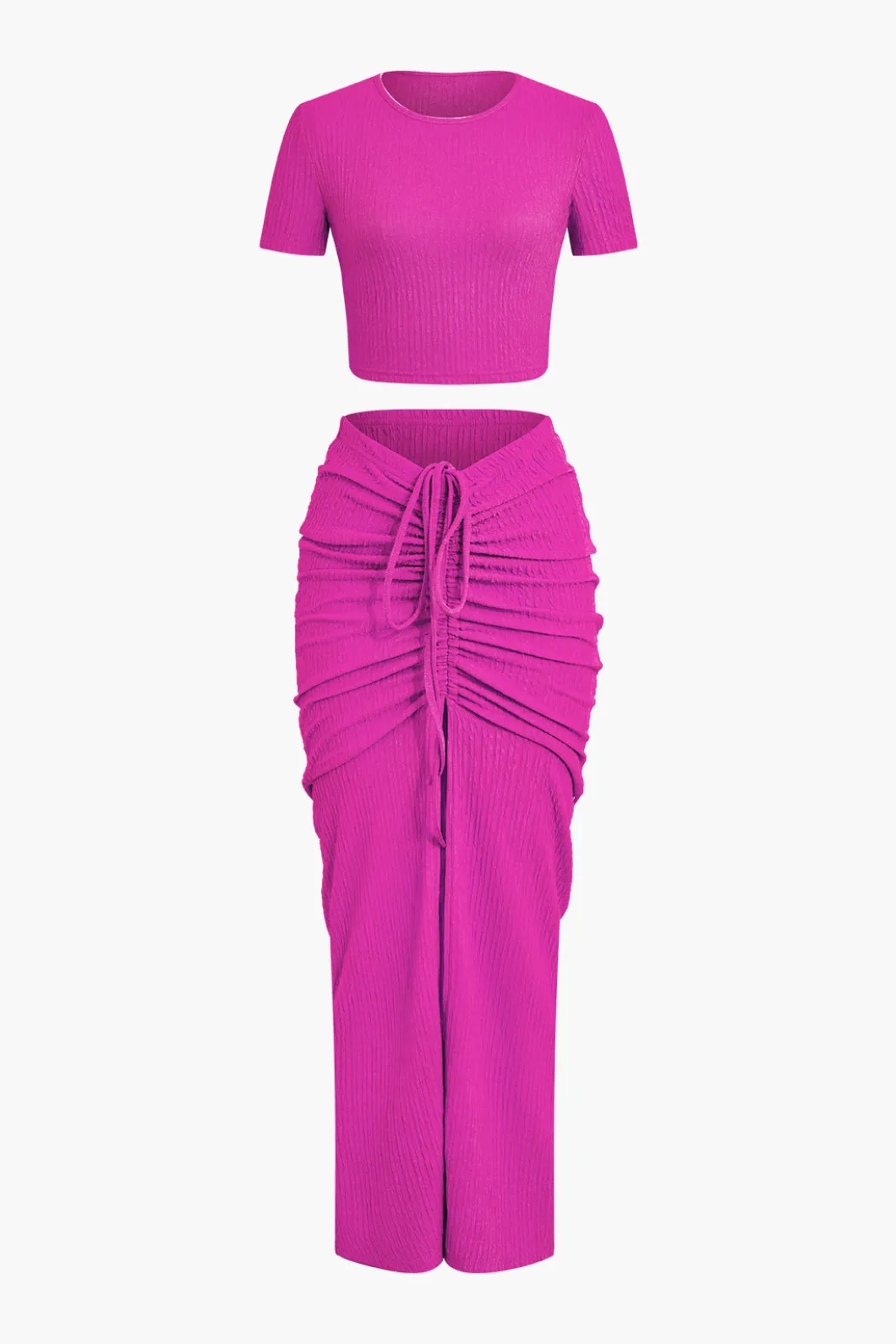 Textured Crop Top And Drawstring Ruched Skirt Set>MICAS Best