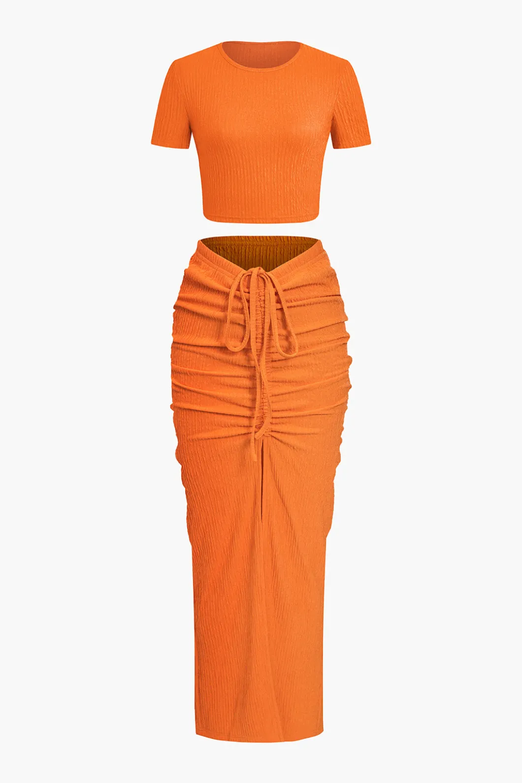 Textured Crop Top And Drawstring Ruched Skirt Set>MICAS Best