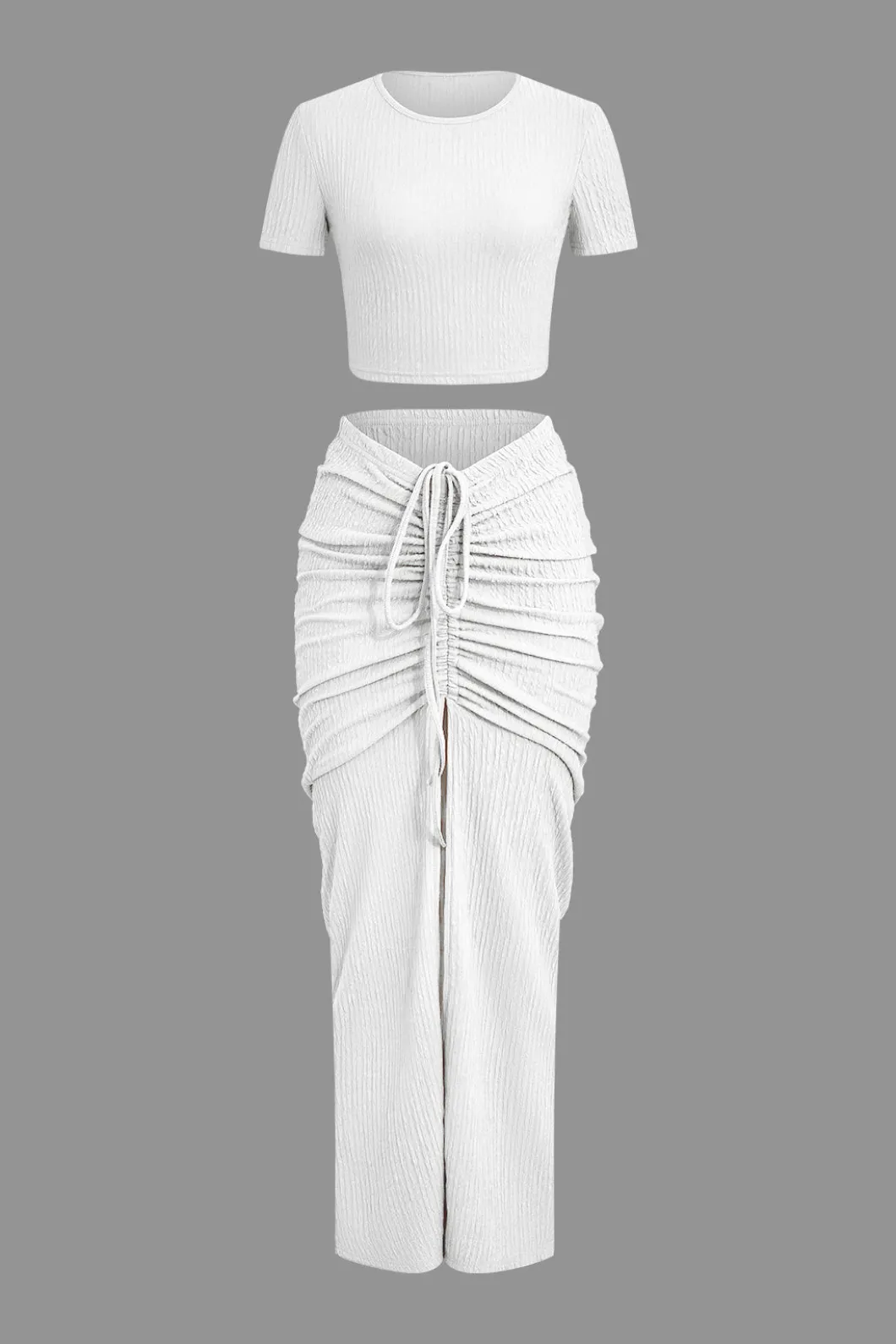 Textured Crop Top And Drawstring Ruched Skirt Set>MICAS Best
