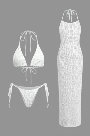 Textured Halter Neck Bikini And Open Knit Cover Up Set>MICAS Clearance