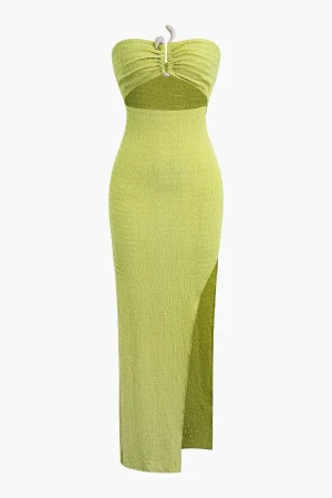 Textured Ruched Cut Out Strapless Slit Maxi Dress>MICAS Hot