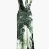 Tie Dye Asymmetric Cowl Neck Satin Maxi Dress>MICAS Sale