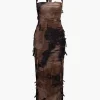 Tie Dye Distressed Mesh Slit Halter Maxi Dress>MICAS Hot