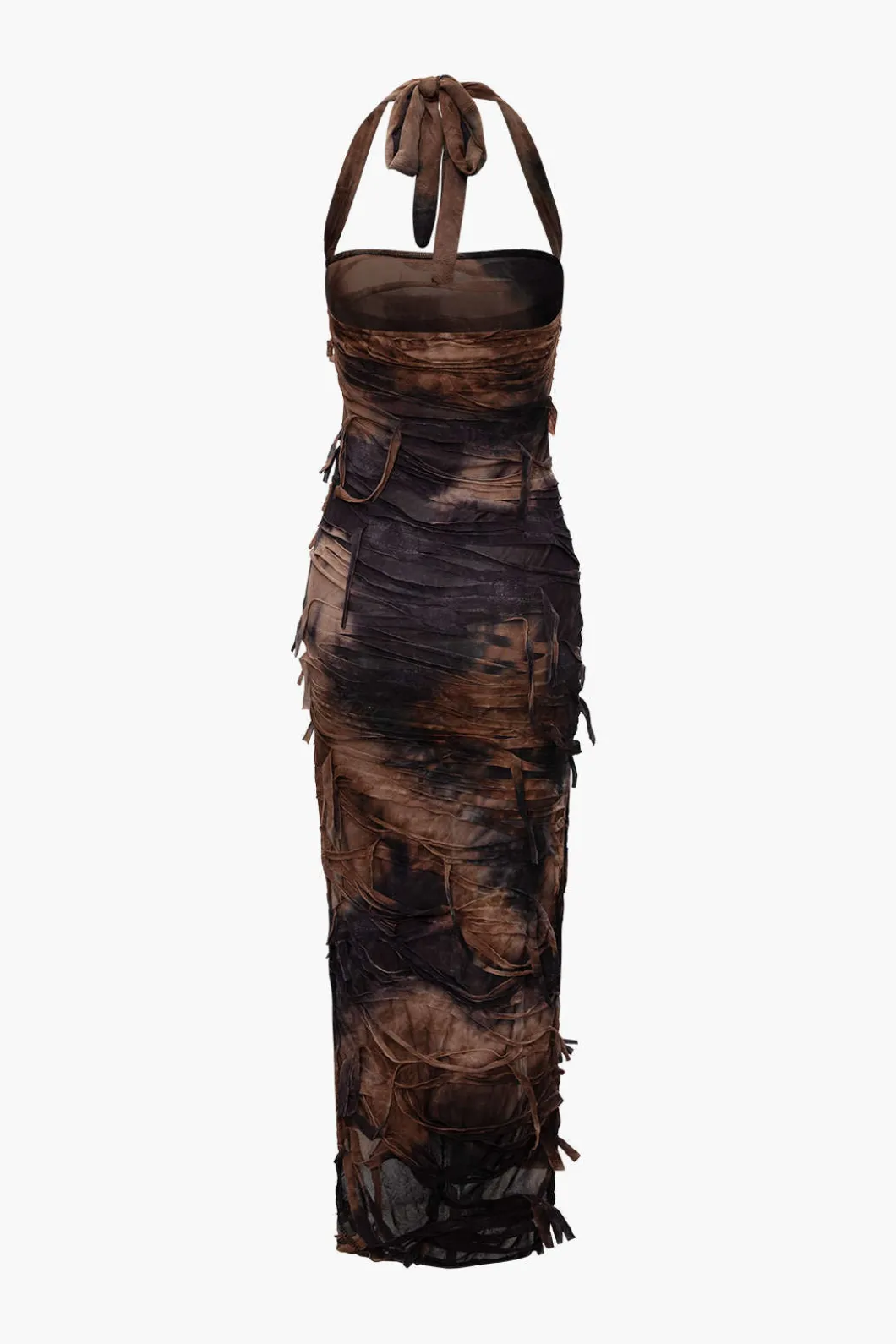 Tie Dye Distressed Mesh Slit Halter Maxi Dress>MICAS Hot