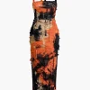 Tie Dye Distressed Mesh Slit Halter Maxi Dress>MICAS Hot