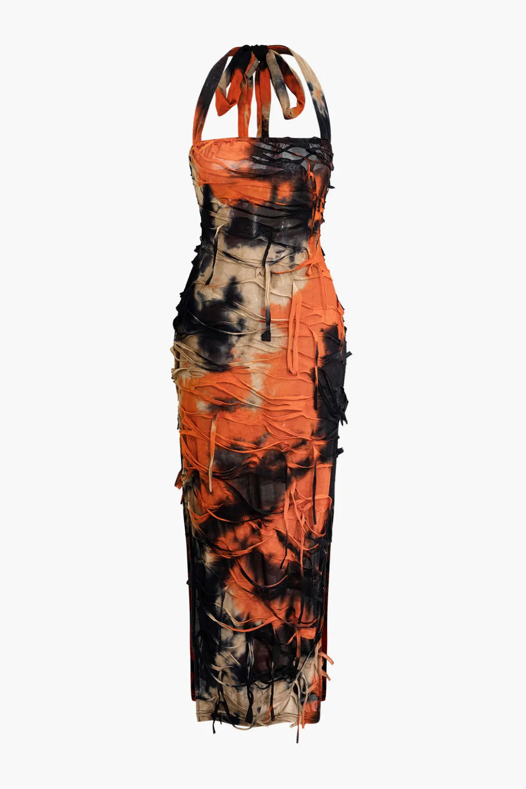 Tie Dye Distressed Mesh Slit Halter Maxi Dress>MICAS Hot