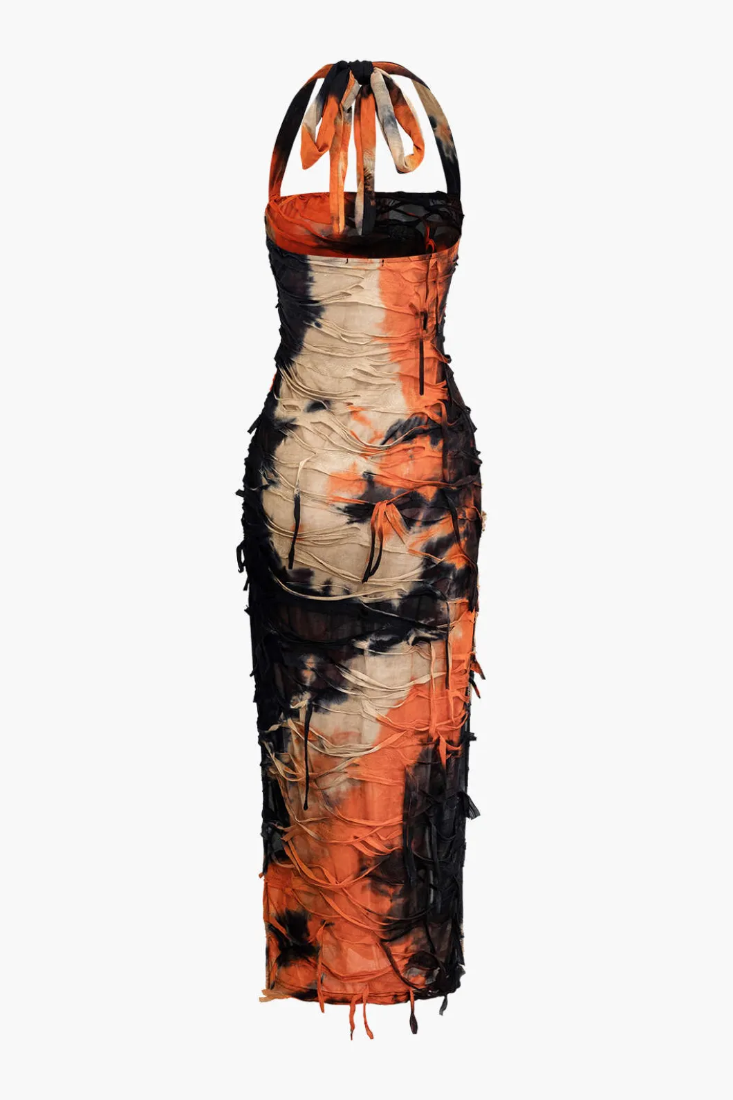 Tie Dye Distressed Mesh Slit Halter Maxi Dress>MICAS Hot