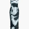 Tie Dye Distressed Mesh Slit Halter Maxi Dress>MICAS Hot