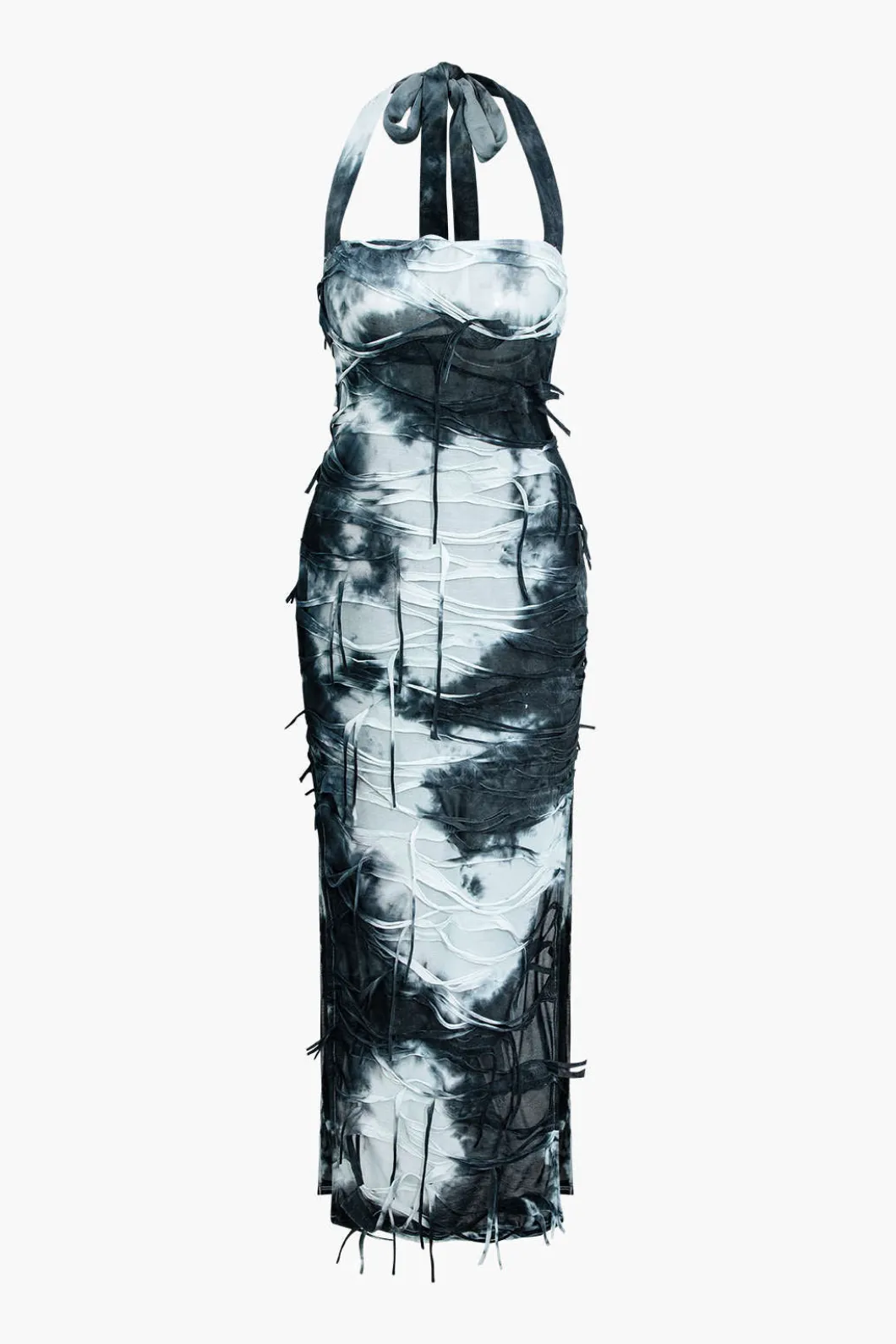 Tie Dye Distressed Mesh Slit Halter Maxi Dress>MICAS Hot