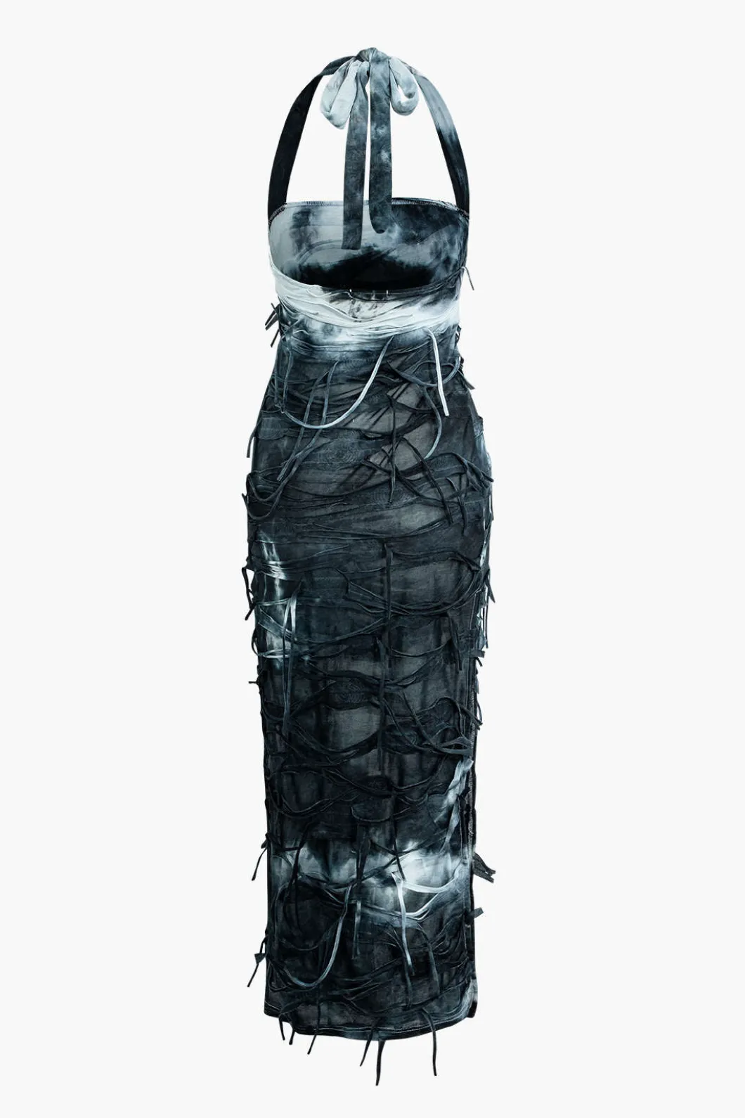 Tie Dye Distressed Mesh Slit Halter Maxi Dress>MICAS Hot
