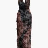Tie Dye Distressed Mesh Slit Halter Cowl Neck Maxi Dress>MICAS Best