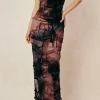 Tie Dye Distressed Mesh Slit Halter Cowl Neck Maxi Dress>MICAS Best
