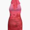 Tie Dye Halter Backless Ruched Mini Dress>MICAS Fashion