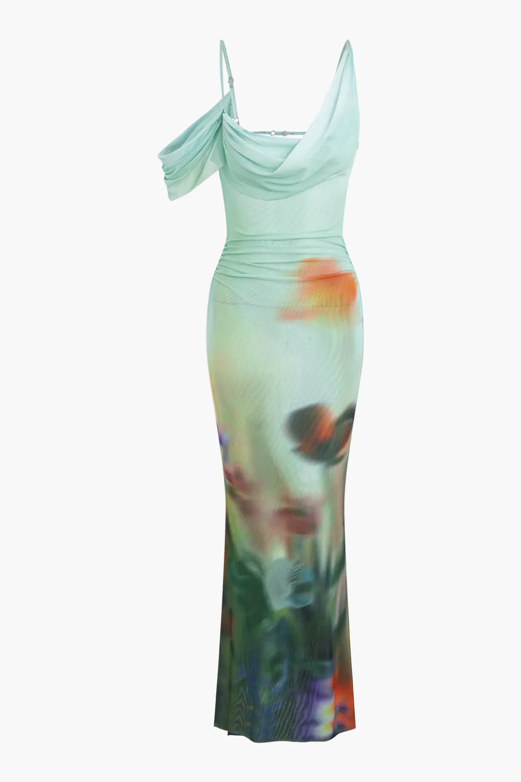 Tie Dye Mesh Backless Asymmetric Cowl Neck Maxi Dress>MICAS Discount