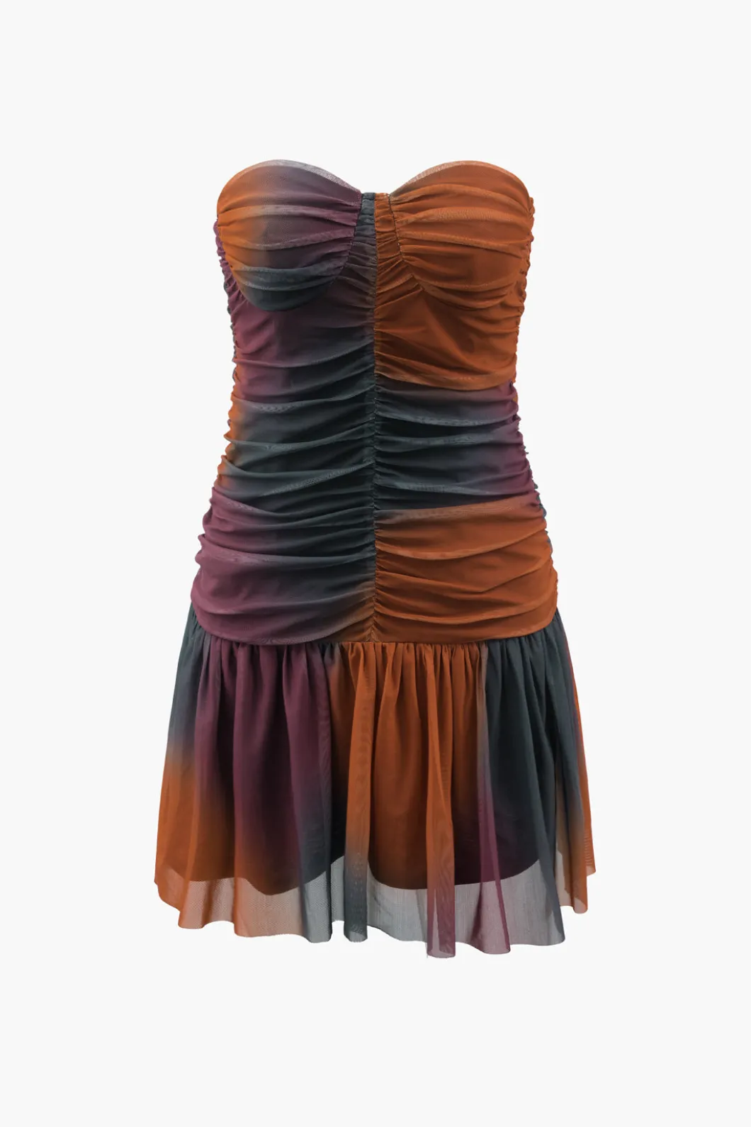 Tie Dye Mesh Ruched Strapless Mini Dress>MICAS Outlet