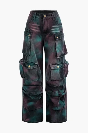 Tie Dye Multi Pocket Straight Leg Cargo Jeans>MICAS New
