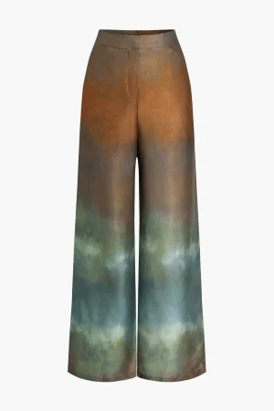 Tie Dye Print Satin Wide Leg Trousers>MICAS Hot