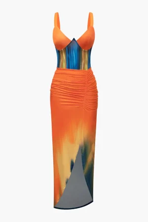 Tie Dye Print V-neck Ruched Maxi Dress>MICAS Sale