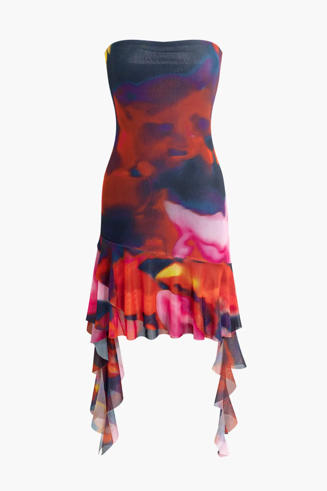 Tie Dye Ruffle Strapless Midi Dress>MICAS Outlet