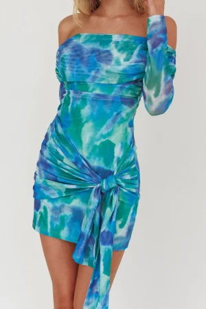 Tie Dye Tie Front Off Shoulder Long Sleeve Mini Dress>MICAS Clearance