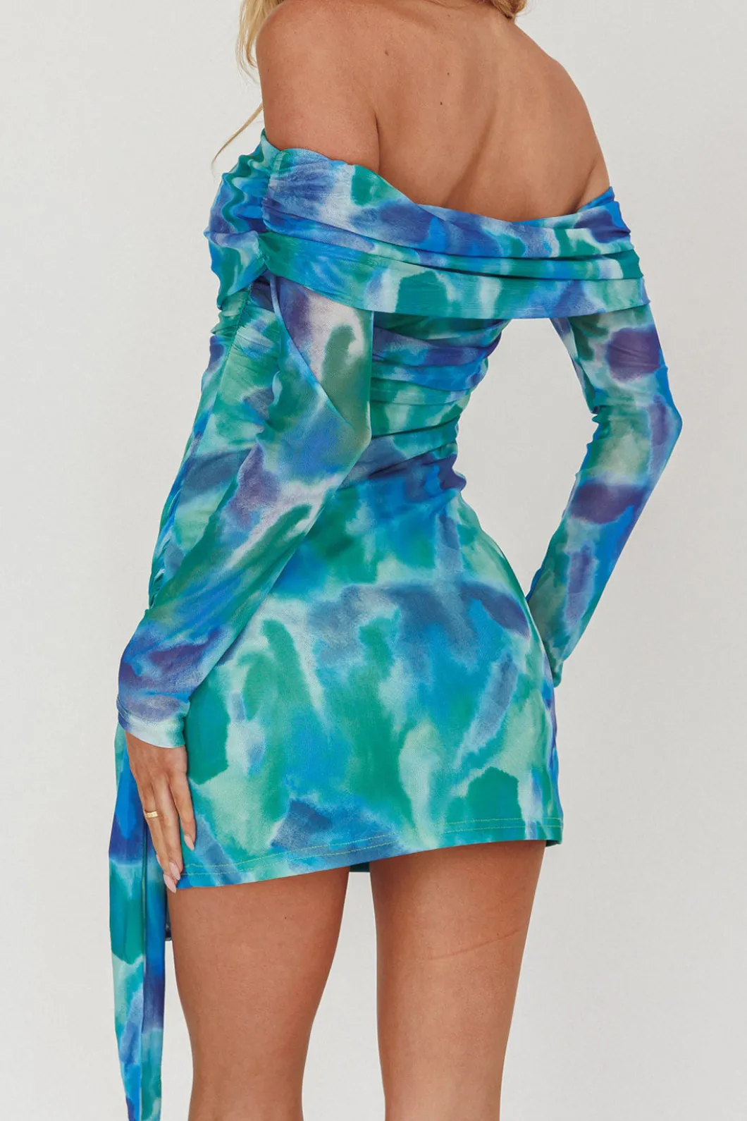 Tie Dye Tie Front Off Shoulder Long Sleeve Mini Dress>MICAS Clearance