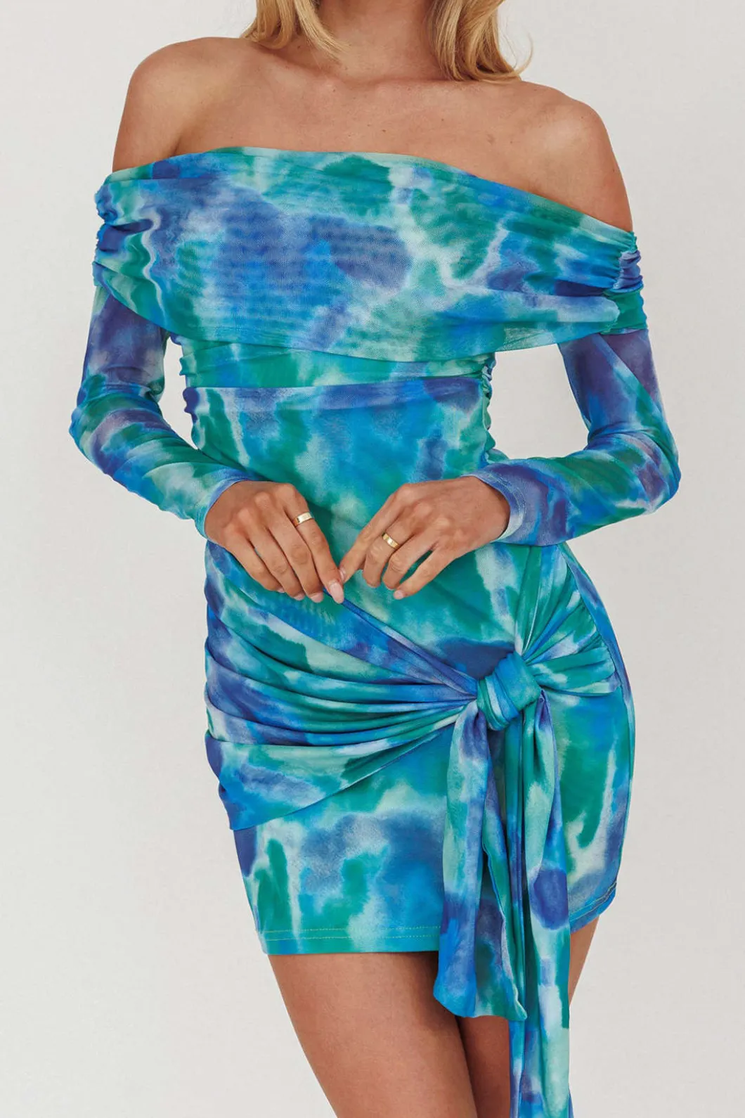 Tie Dye Tie Front Off Shoulder Long Sleeve Mini Dress>MICAS Clearance