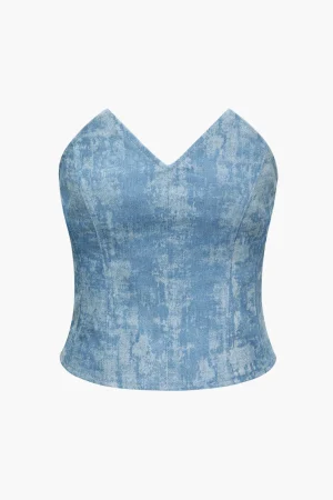 Tie Dye V-neck Denim Strapless Top>MICAS Online