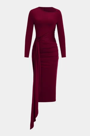Tie Front Ruched Long Sleeve Midi Dress>MICAS Clearance