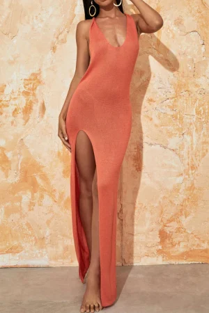 Tie Halter Backless Slit Crochet Knit Midi Dress>MICAS Best