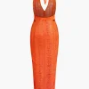 Tie Halter V-neck Backless Distressed Ladder Knit Maxi Dress>MICAS Best