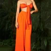 Tie Knot Front Ruched Tube Top And Pleated Wide Leg Pants>MICAS New