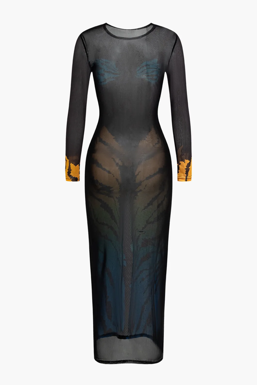 Tiger Print Mesh Sheer Round Neck Midi Dress>MICAS Best