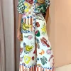 Tropical Print Drawstring Wide Leg Pants>MICAS Clearance
