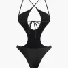 Tummy Control Cross Tie Back Cut Out One-Piece Swimsuit>MICAS Online